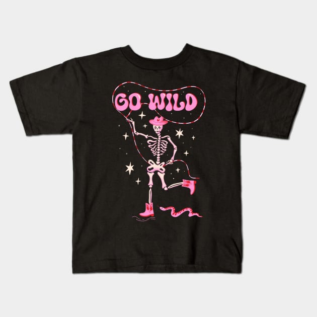 Go Wild! Cute dancing skeleton in cowboy boots and western hat with pink snake Kids T-Shirt by WeirdyTales